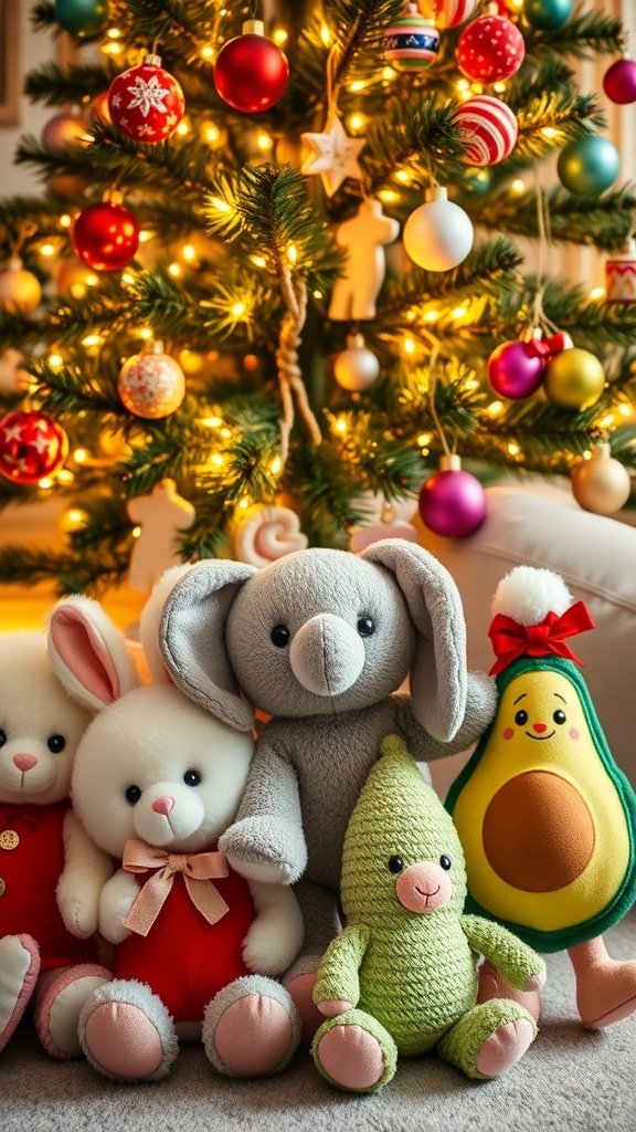 A collection of Jellycat plush toys under a Christmas tree, showcasing their softness and charm.